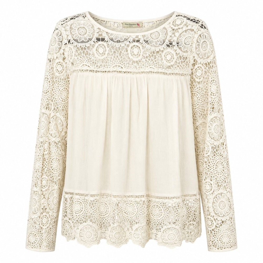 Coquette Fairycore Crochet Lace Milk Silk Peasant Top Womens Small Cottagecore